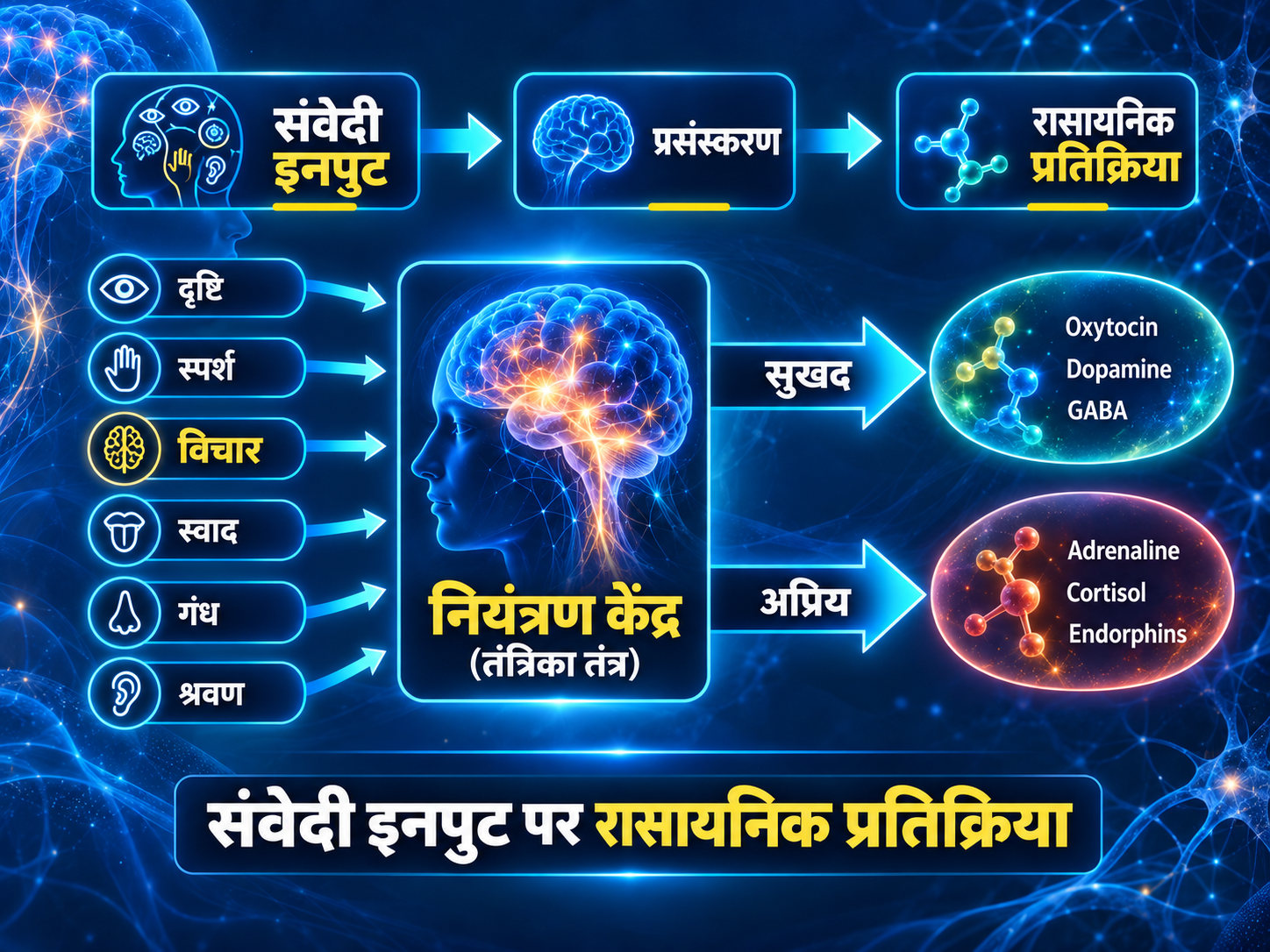 इंद्रियों से मिली जानकारी, मस्तिष्क की प्रक्रिया और शरीर की प्रतिक्रिया का चित्र