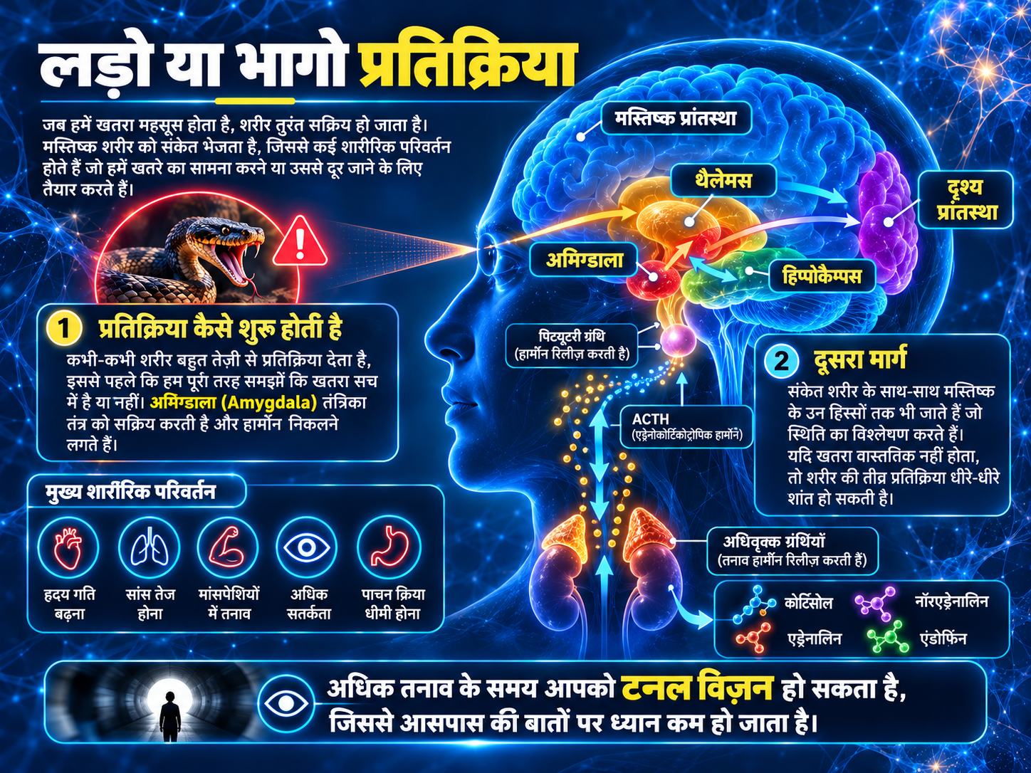 खतरा महसूस होने पर मस्तिष्क और शरीर की सतर्क प्रतिक्रिया का चित्र